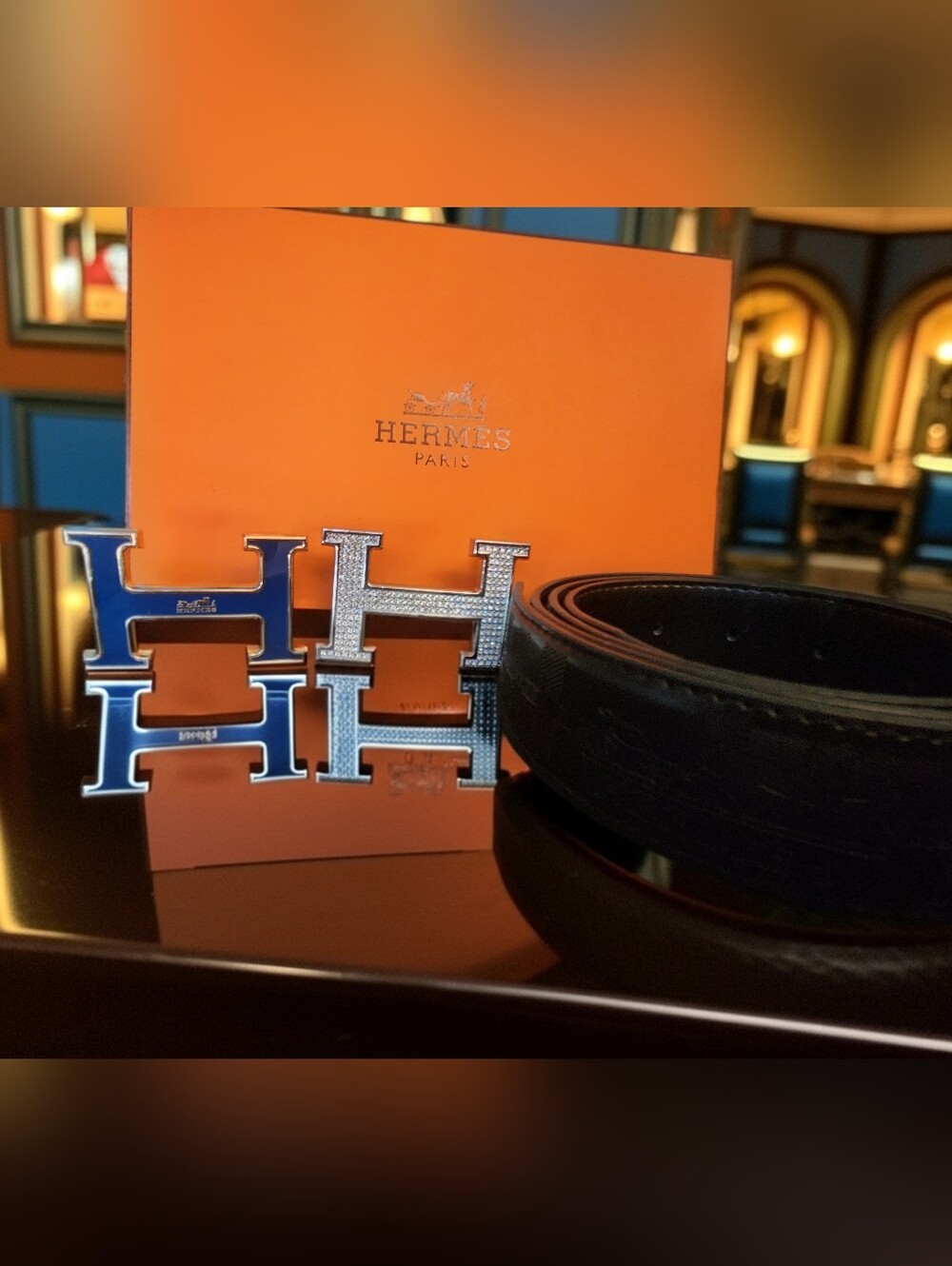 Hermes Woman's Belt Set with H Buckle in Silver and Blue 30"-36"